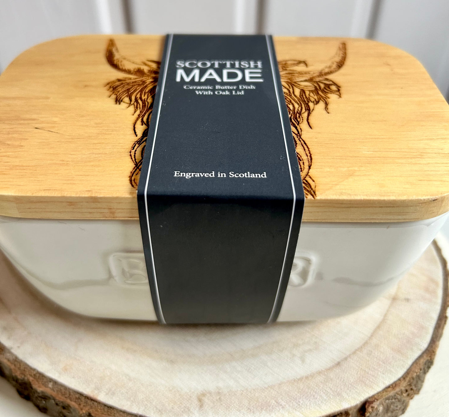 Oak and Ceramic Butter Dish - Highland Cow