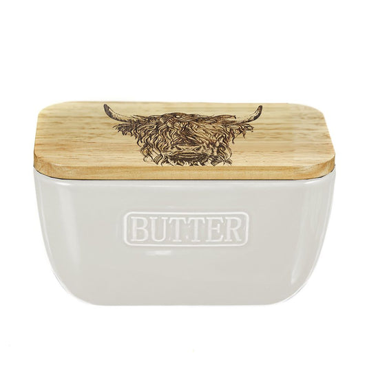 Oak and Ceramic Butter Dish - Highland Cow