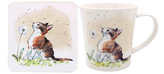 Cat with Dandelion Mug with Coaster